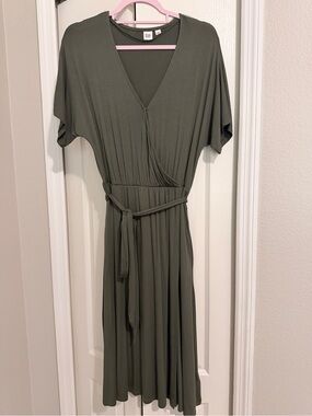 GAP Olive Wrap Midi Dress with Tie Waist